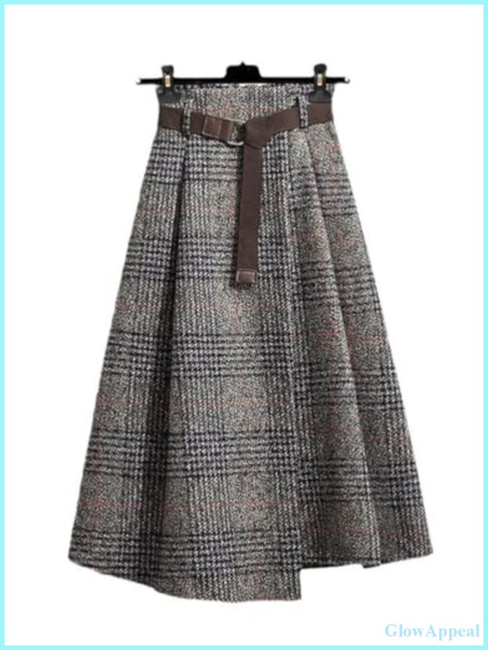 Wool Plaid High Waist A-Line Slit Midi Skirt Asymmetrical Hem Vintage